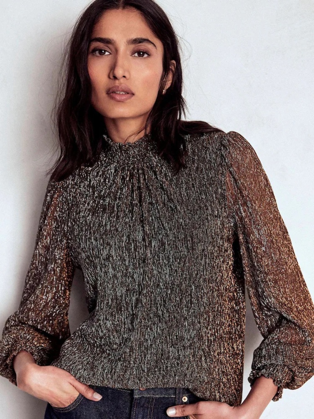 Boden Metallic Smocked Neck Metallic Blouse